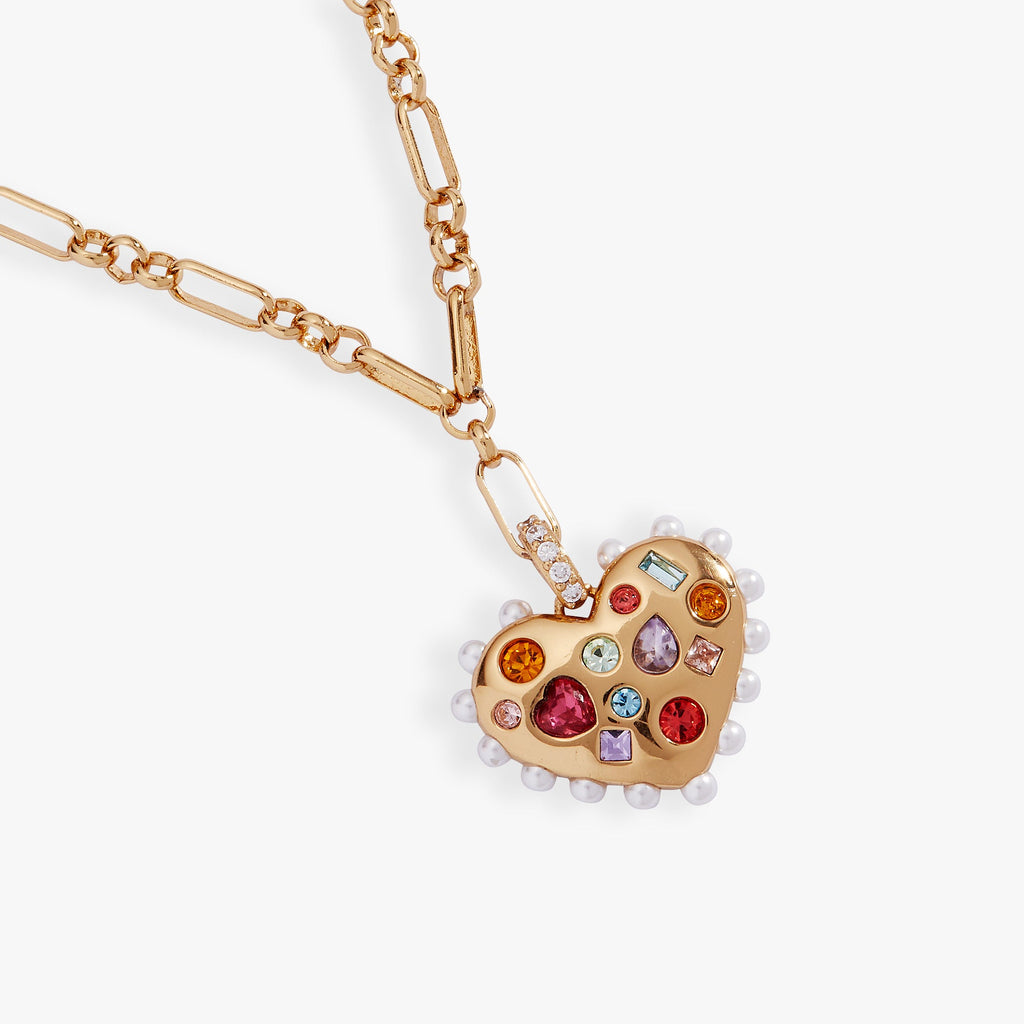 Puffy Heart Gemstone And Pearl Pendant Necklace