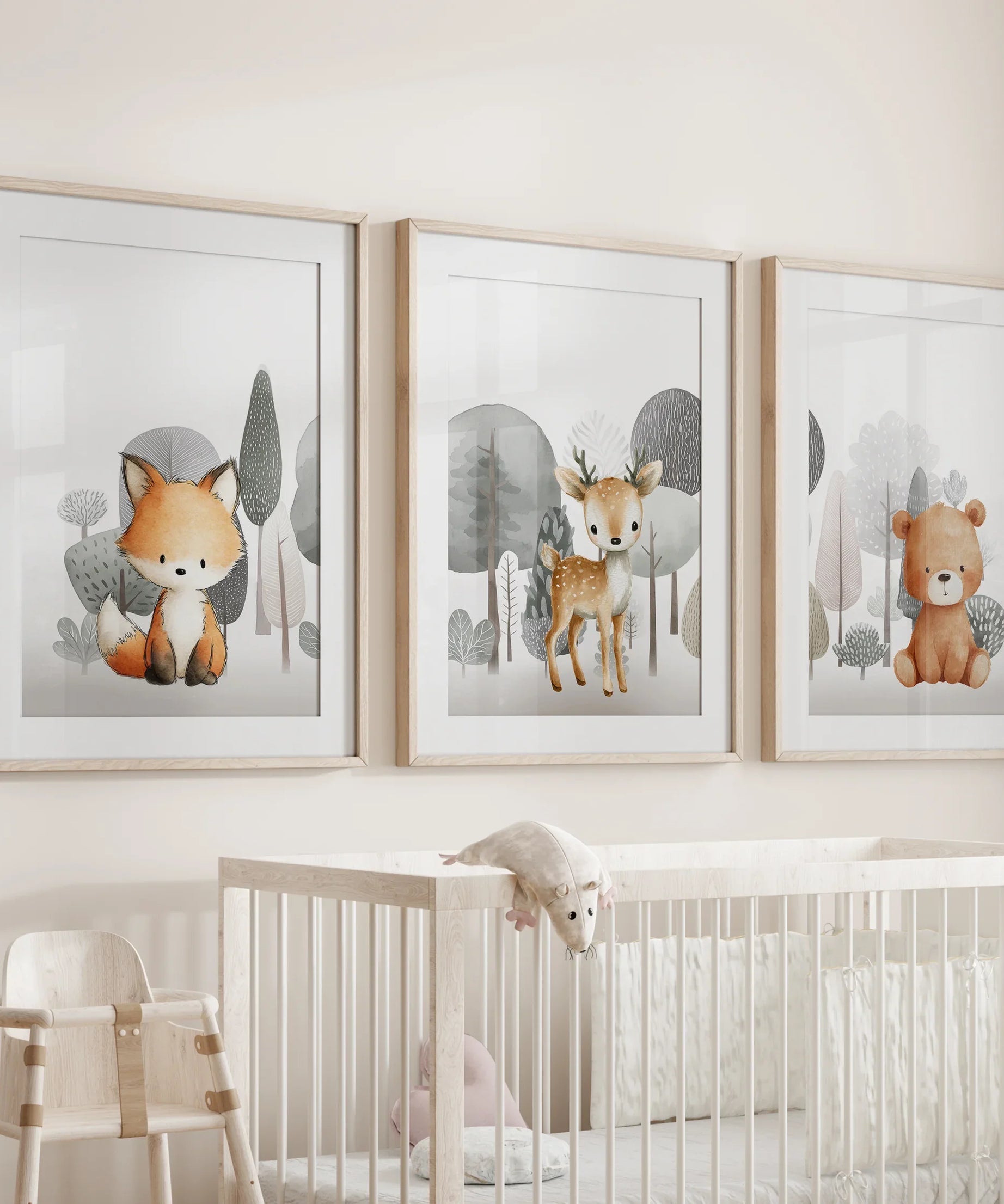 Forest Animal Nursery Decor. Cute Fox Fawn Bear Print Set