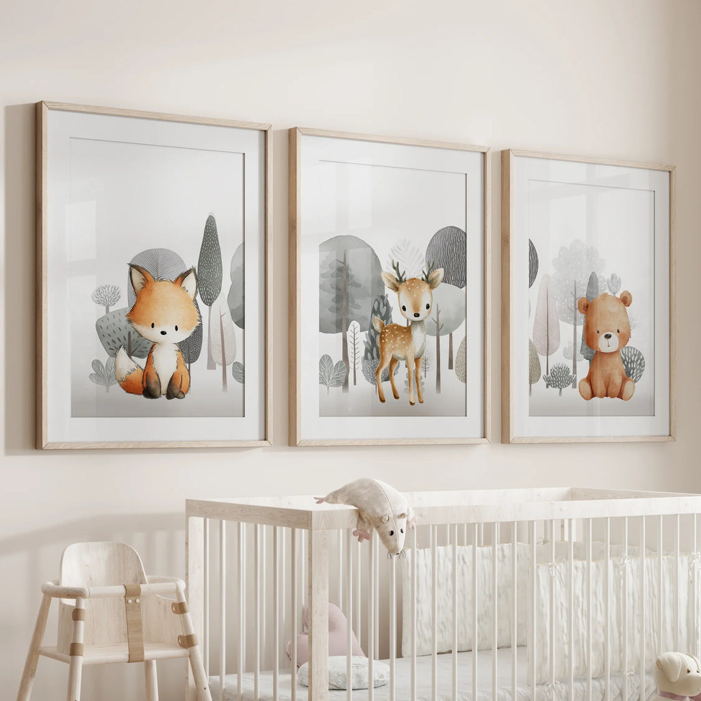 Forest Animal Nursery Decor. Cute Fox Fawn Bear Print Set