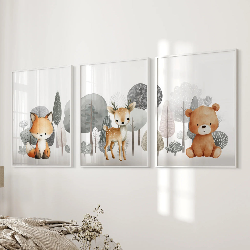 Forest Animal Nursery Decor. Cute Fox Fawn Bear Print Set