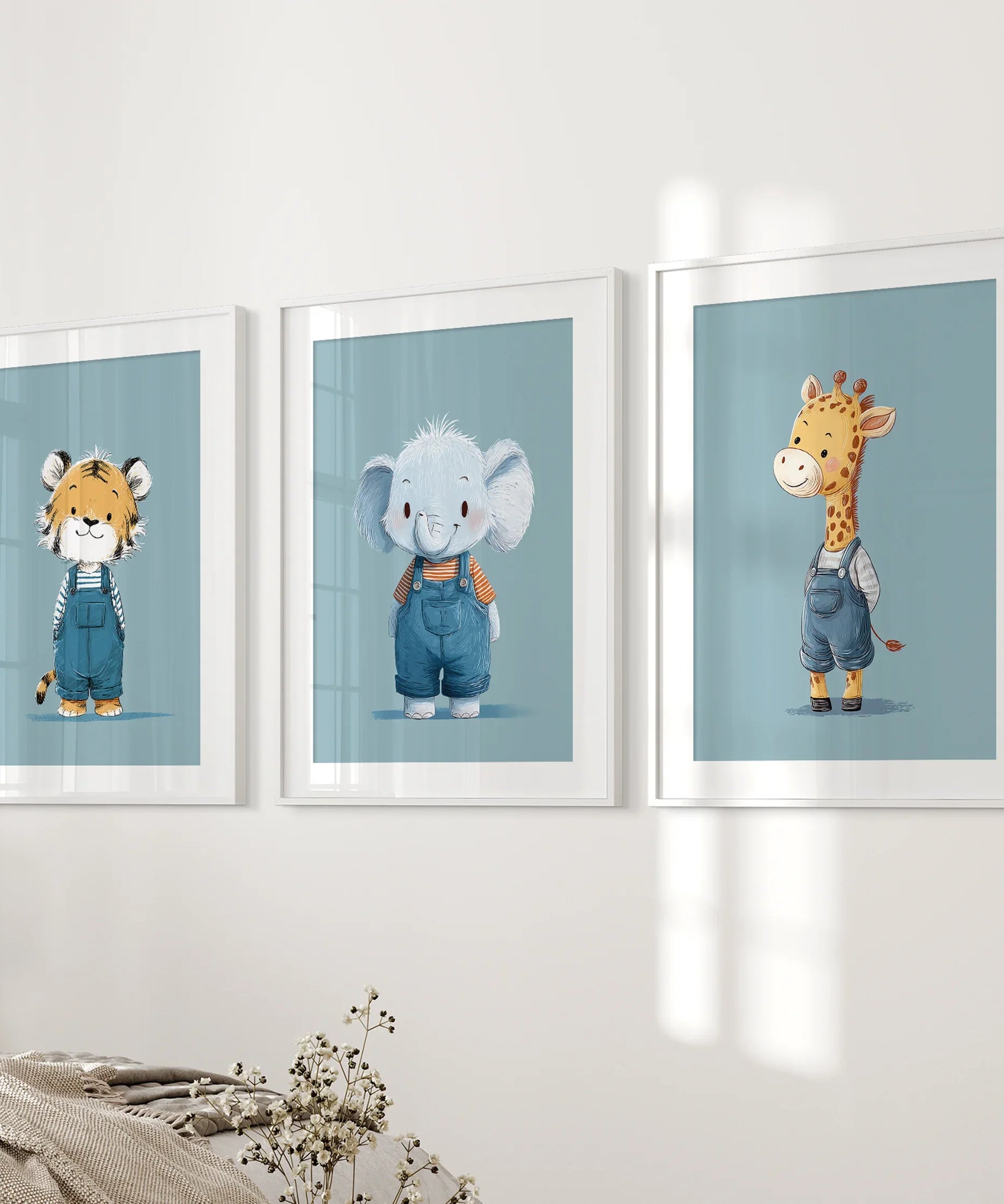 Safari Nursery Wall Art Set of 3. Baby Elephant, Giraffe, Tiger