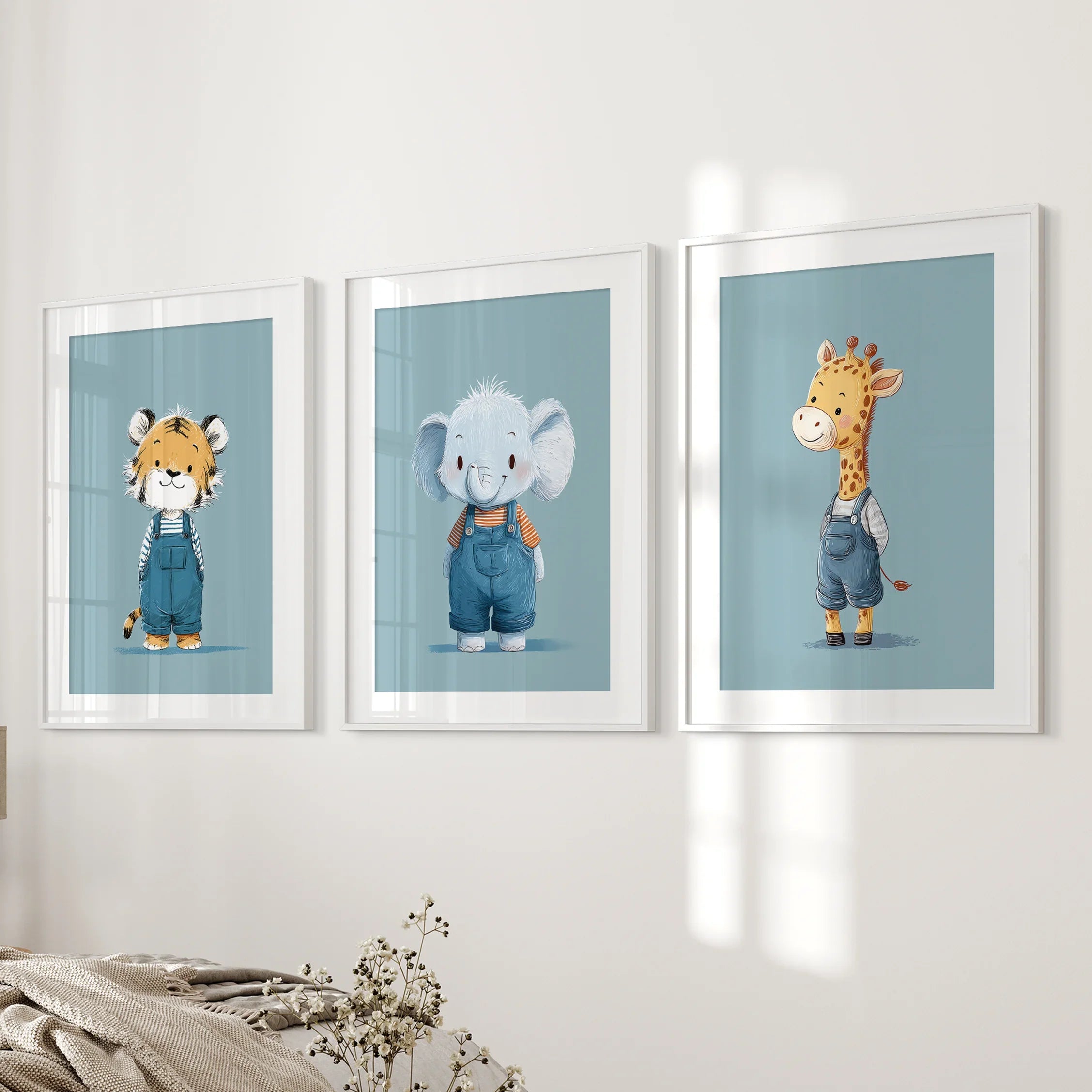 Safari Nursery Wall Art Set of 3. Baby Elephant, Giraffe, Tiger