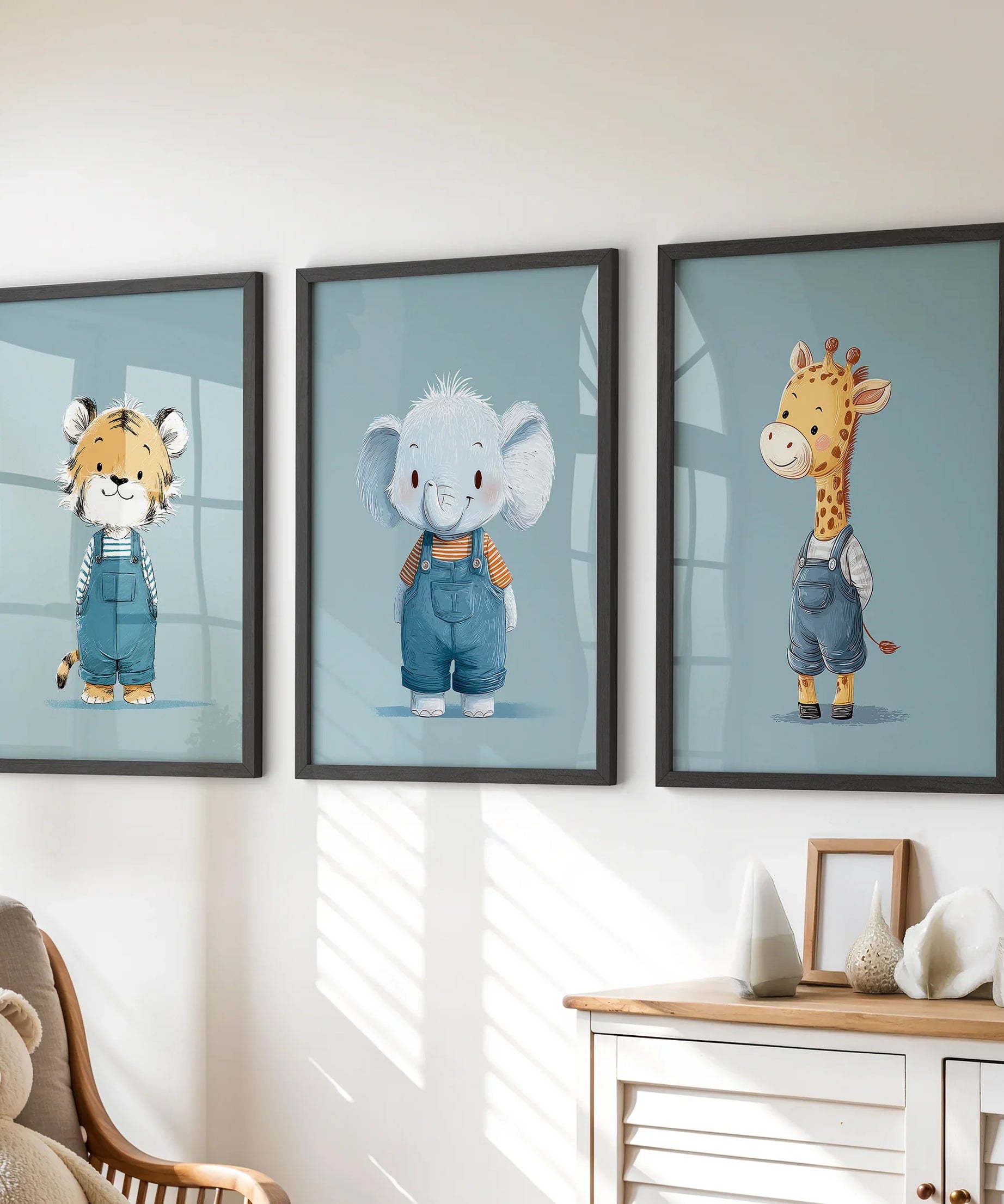 Safari Nursery Wall Art Set of 3. Baby Elephant, Giraffe, Tiger