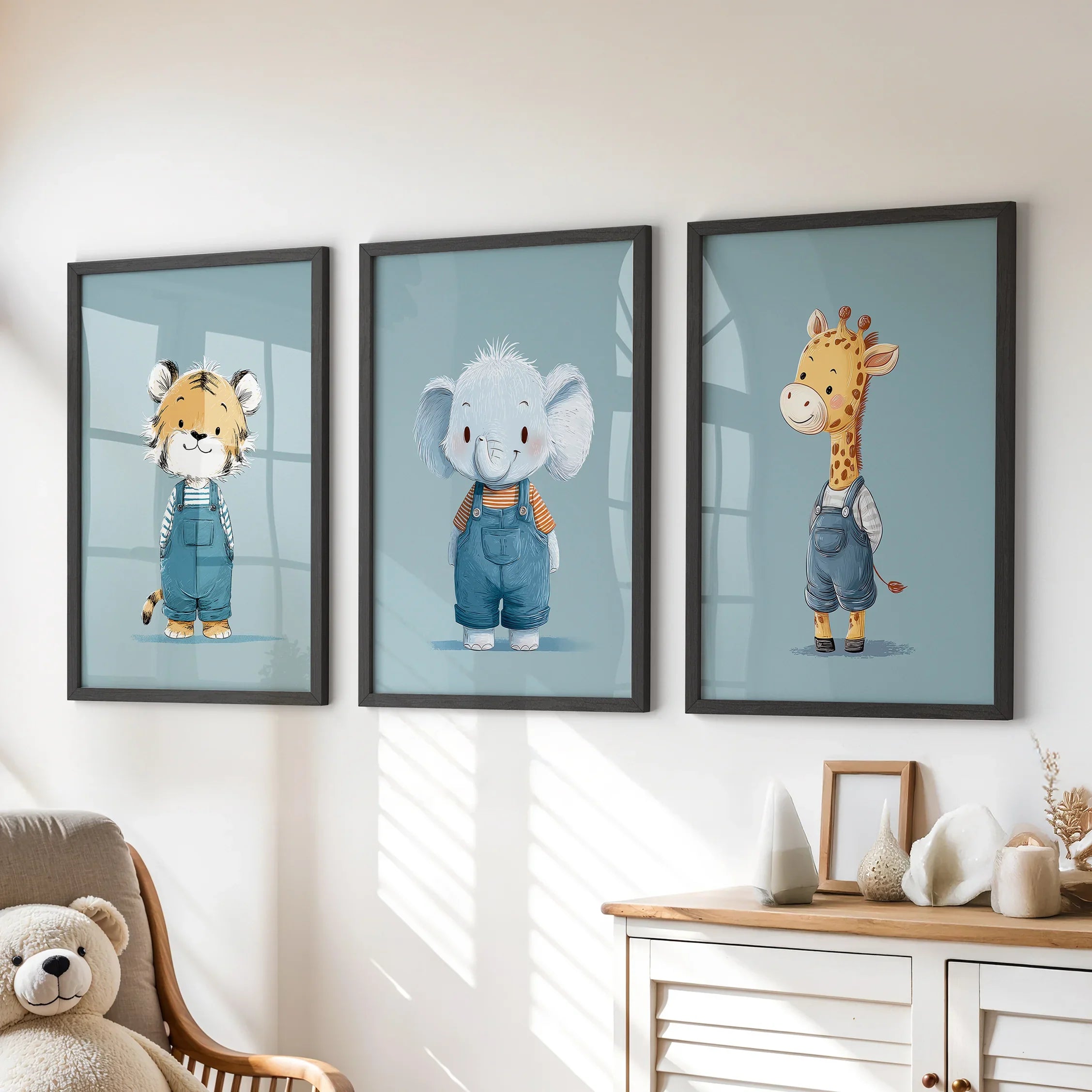 Safari Nursery Wall Art Set of 3. Baby Elephant, Giraffe, Tiger