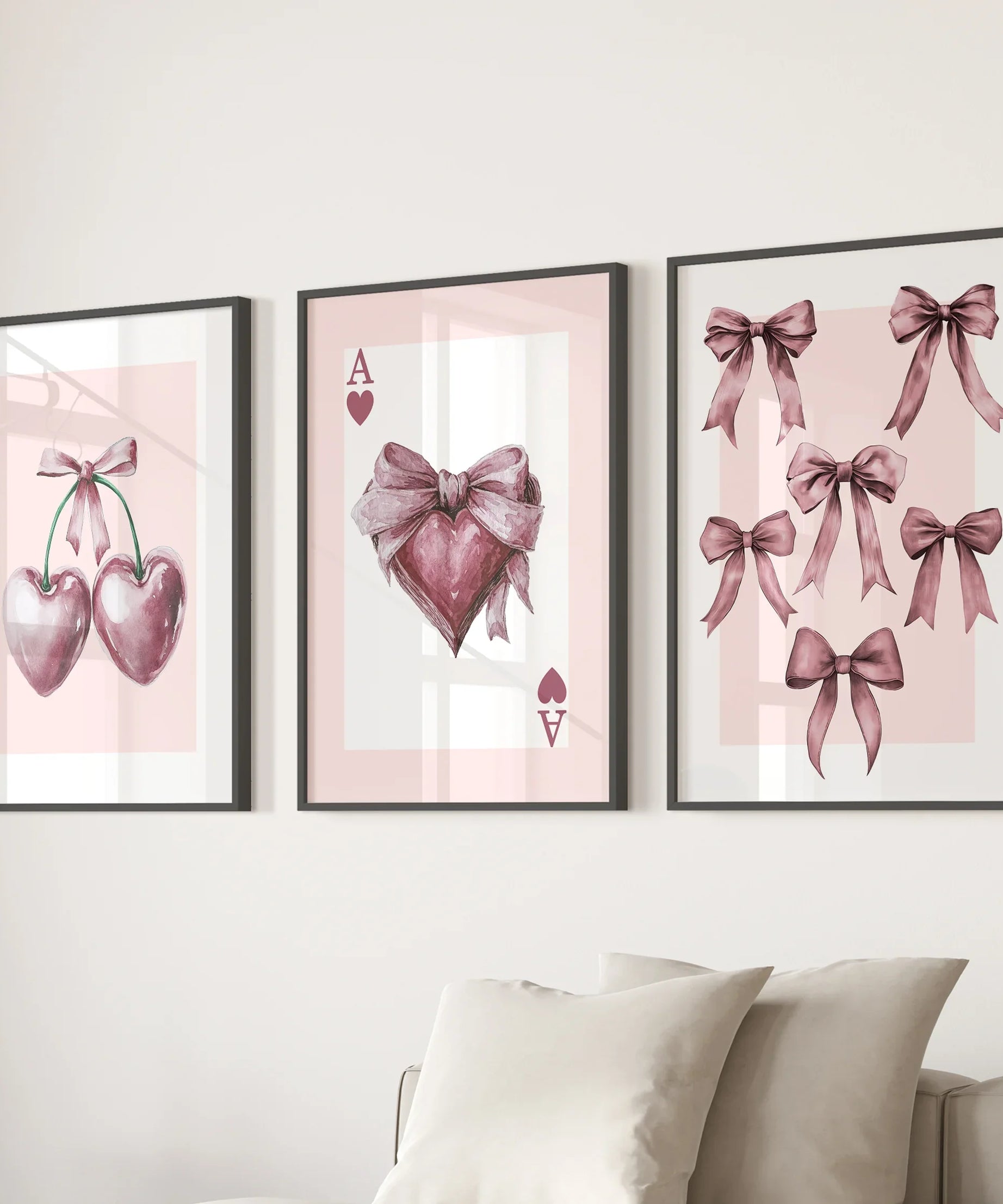 Coquette Cherry Wall Art Set of 3. Pink Romantic Decor