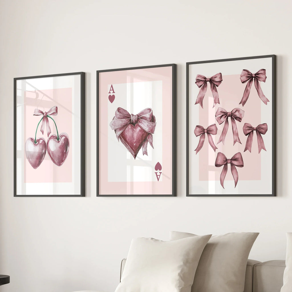 Coquette Cherry Wall Art Set of 3. Pink Romantic Decor