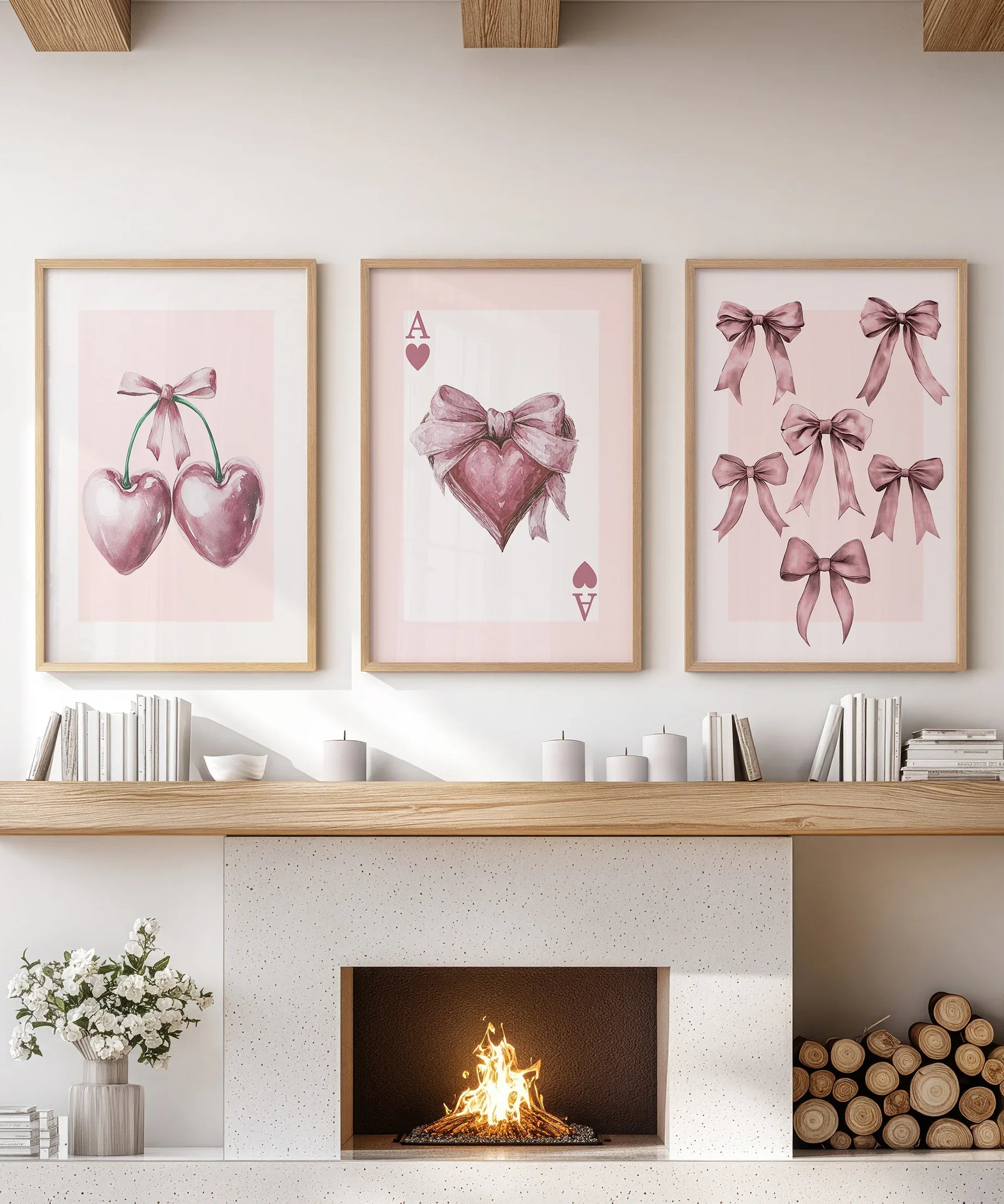Coquette Cherry Wall Art Set of 3. Pink Romantic Decor