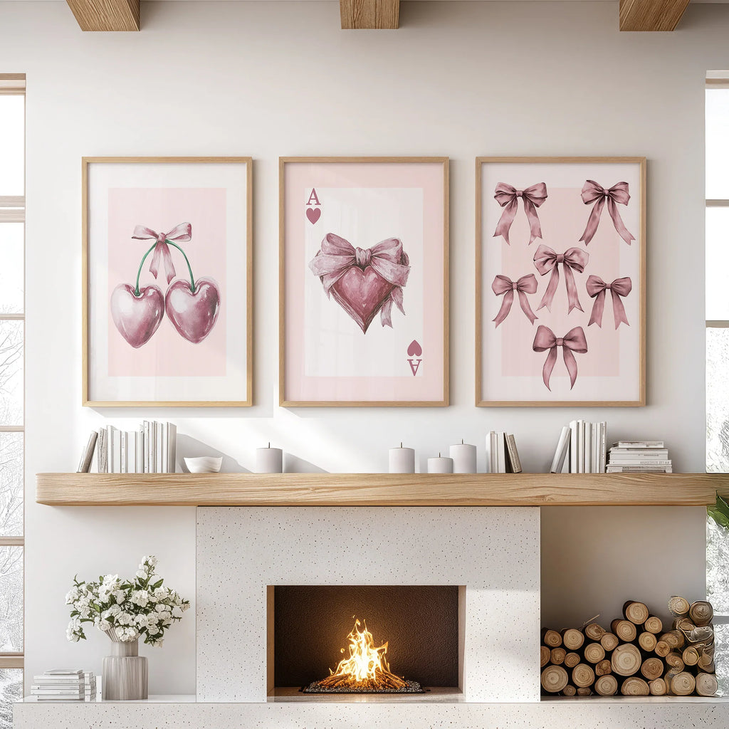 Coquette Cherry Wall Art Set of 3. Pink Romantic Decor