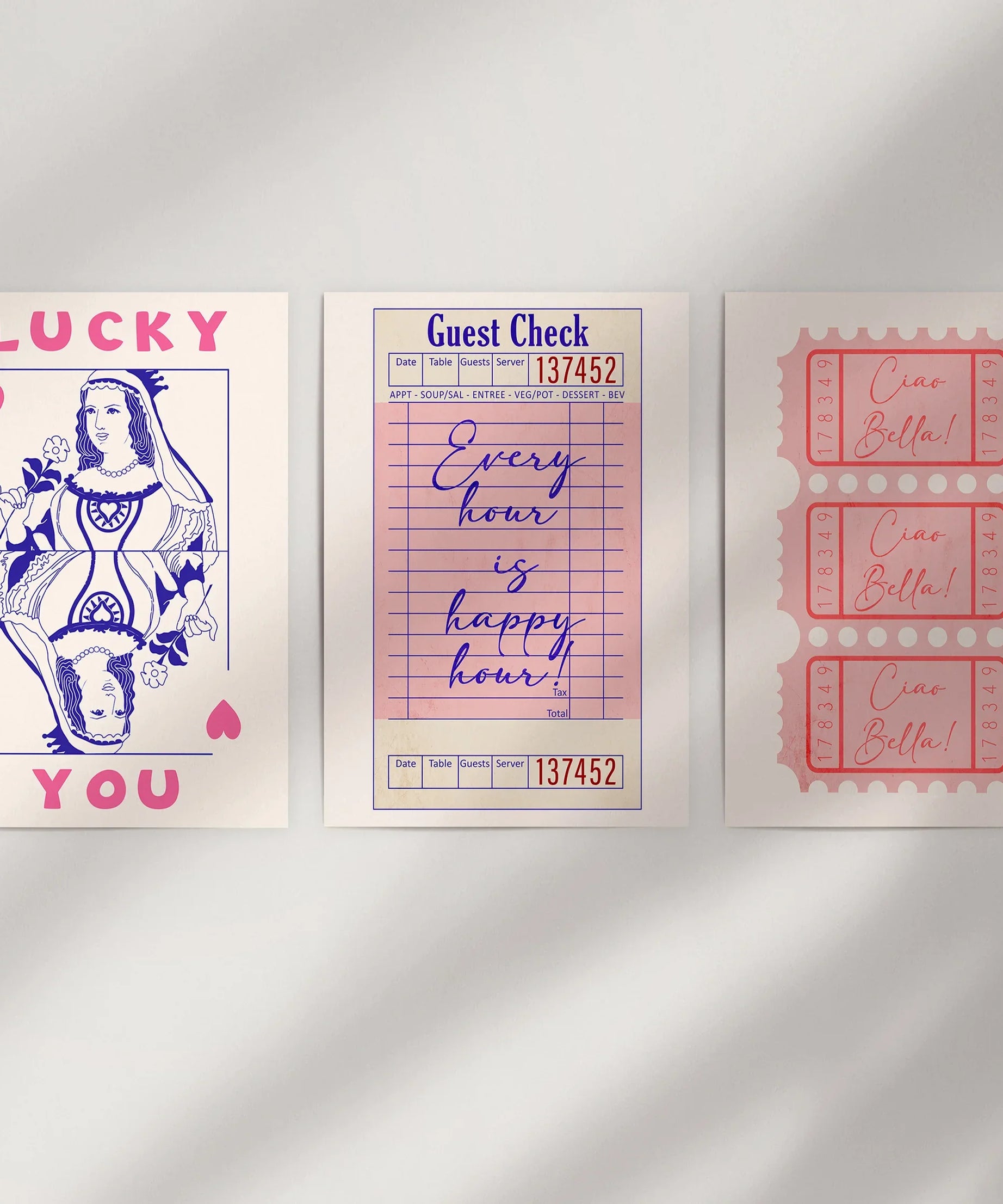 Guest Check, Playing Card Art. Retro Dopamine Set of 3 Prints