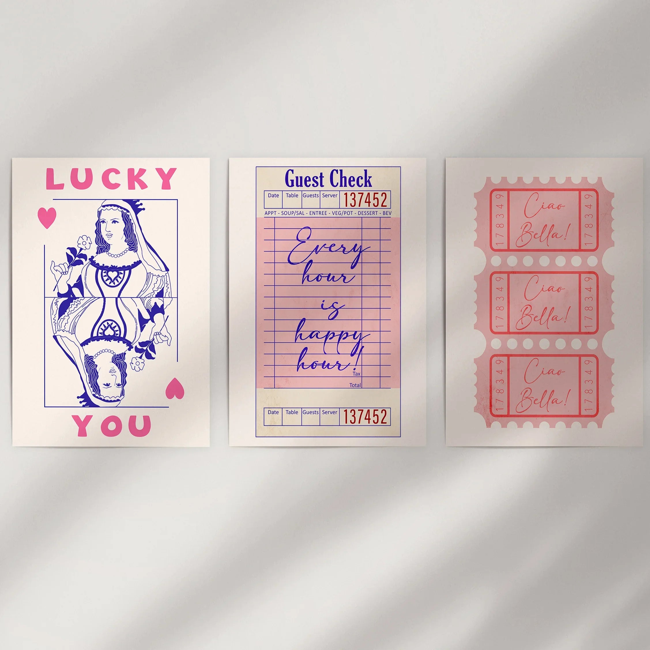 Guest Check, Playing Card Art. Retro Dopamine Set of 3 Prints