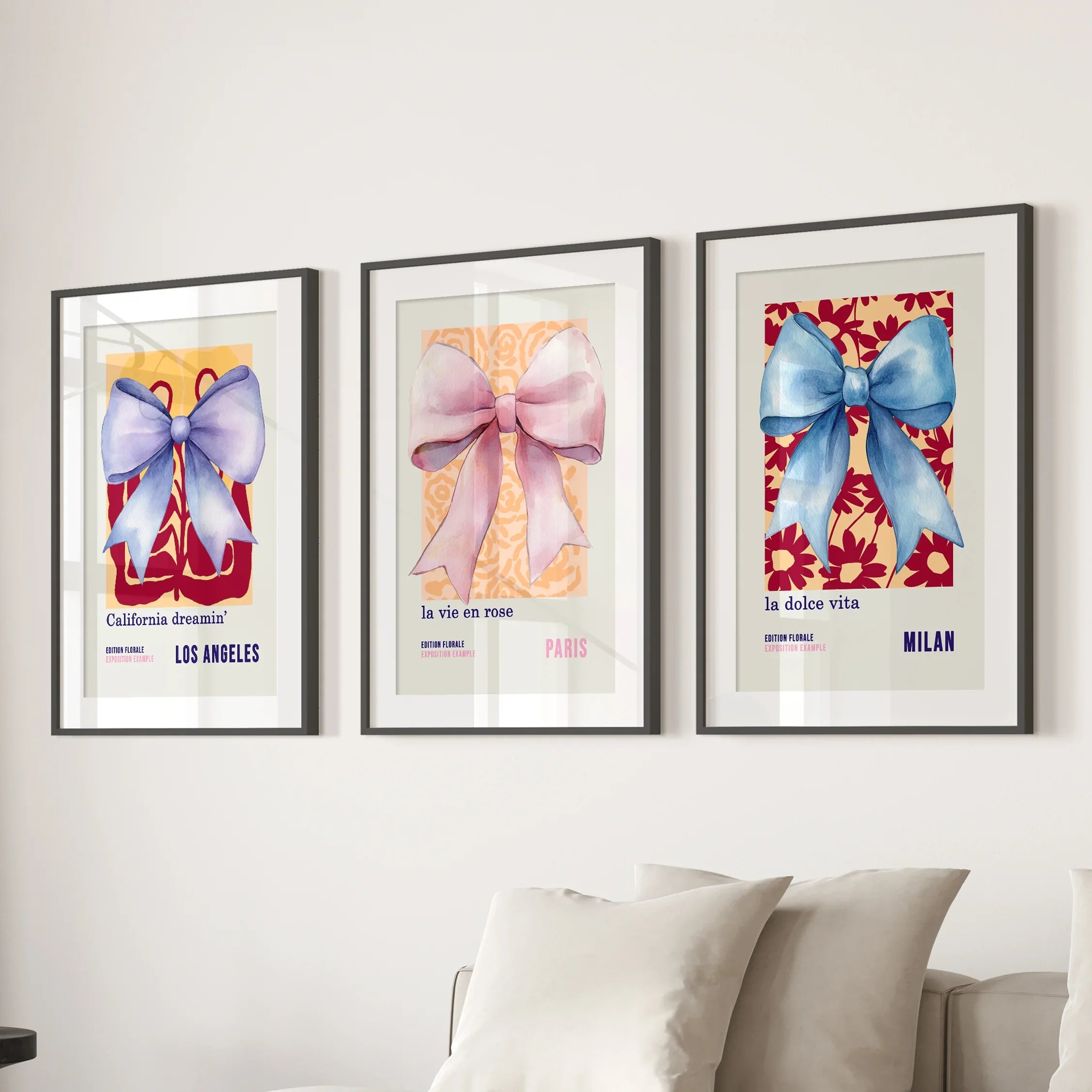 Girly Bow Wall Art Trio. Preppy Pastel Fashion Quotes Posters