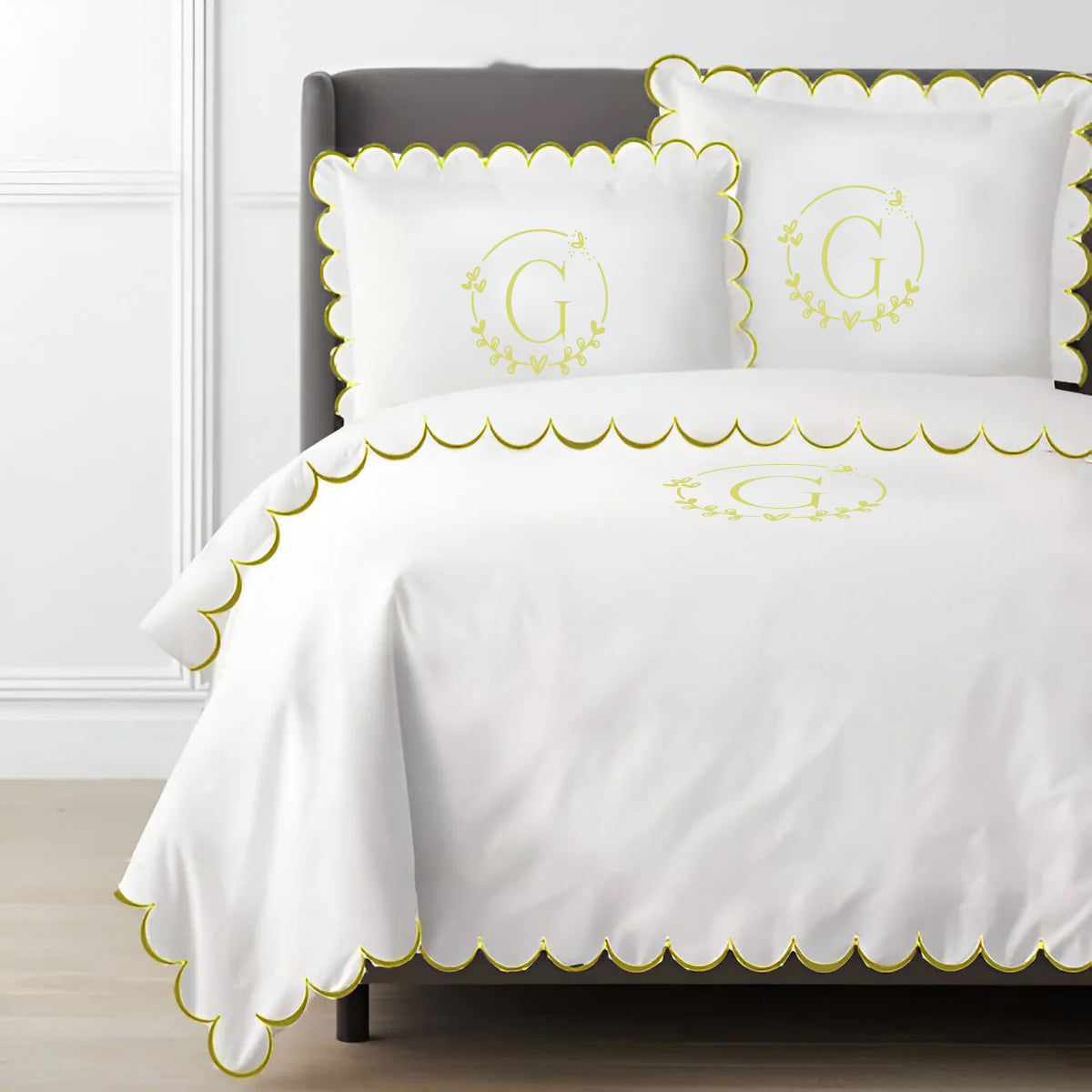 Monogram Allena 400TC Cotton Scallop Embroidery Sateen Solid Duvet Cover Set
