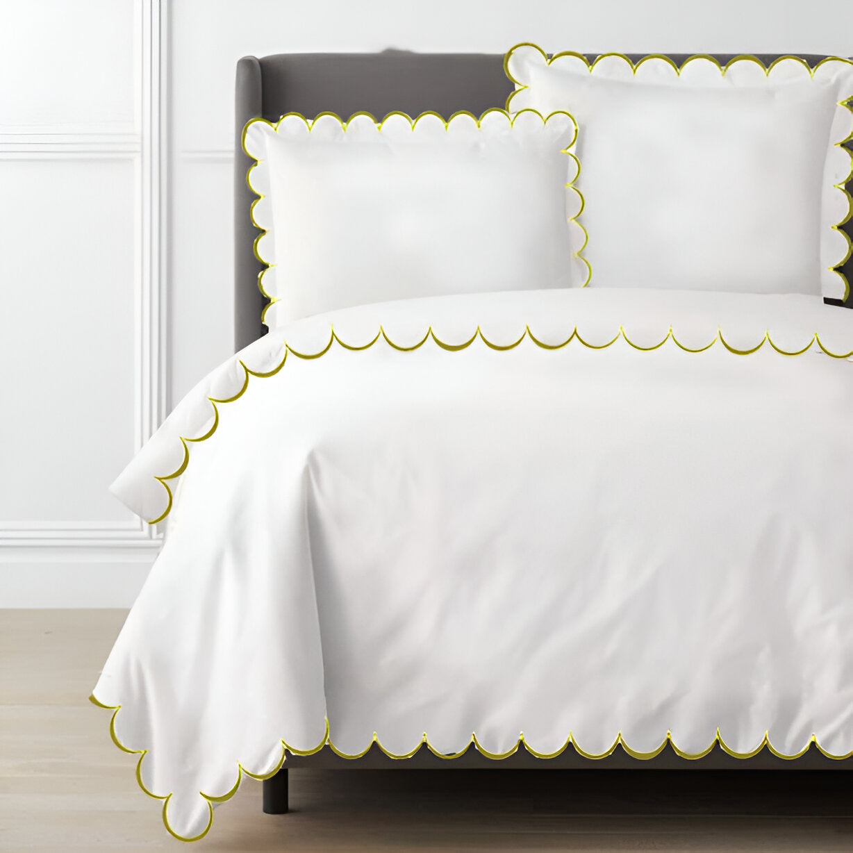 Allena 400TC Cotton Scallop Embroidery Sateen Solid Duvet Cover Set