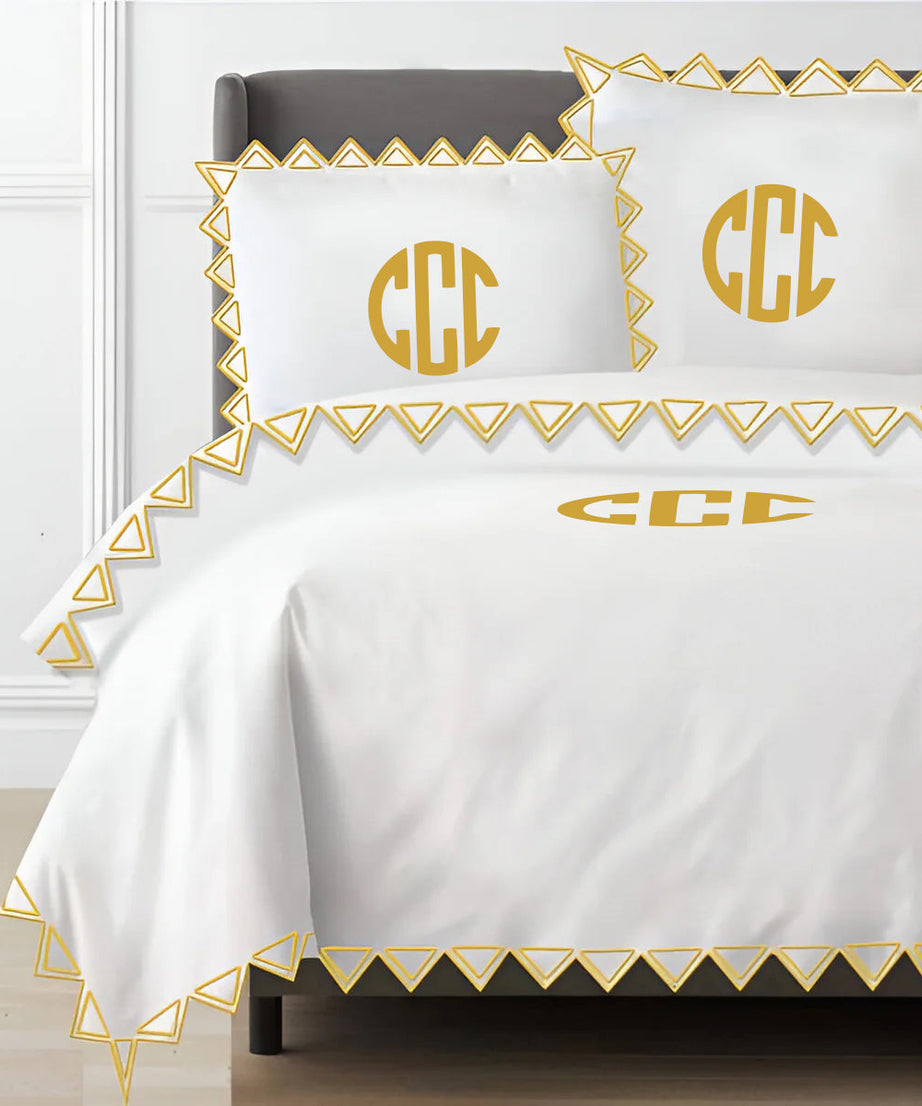 Monogram Ashley 400TC Cotton Traingle Embroidery Sateen Solid Duvet Cover Set