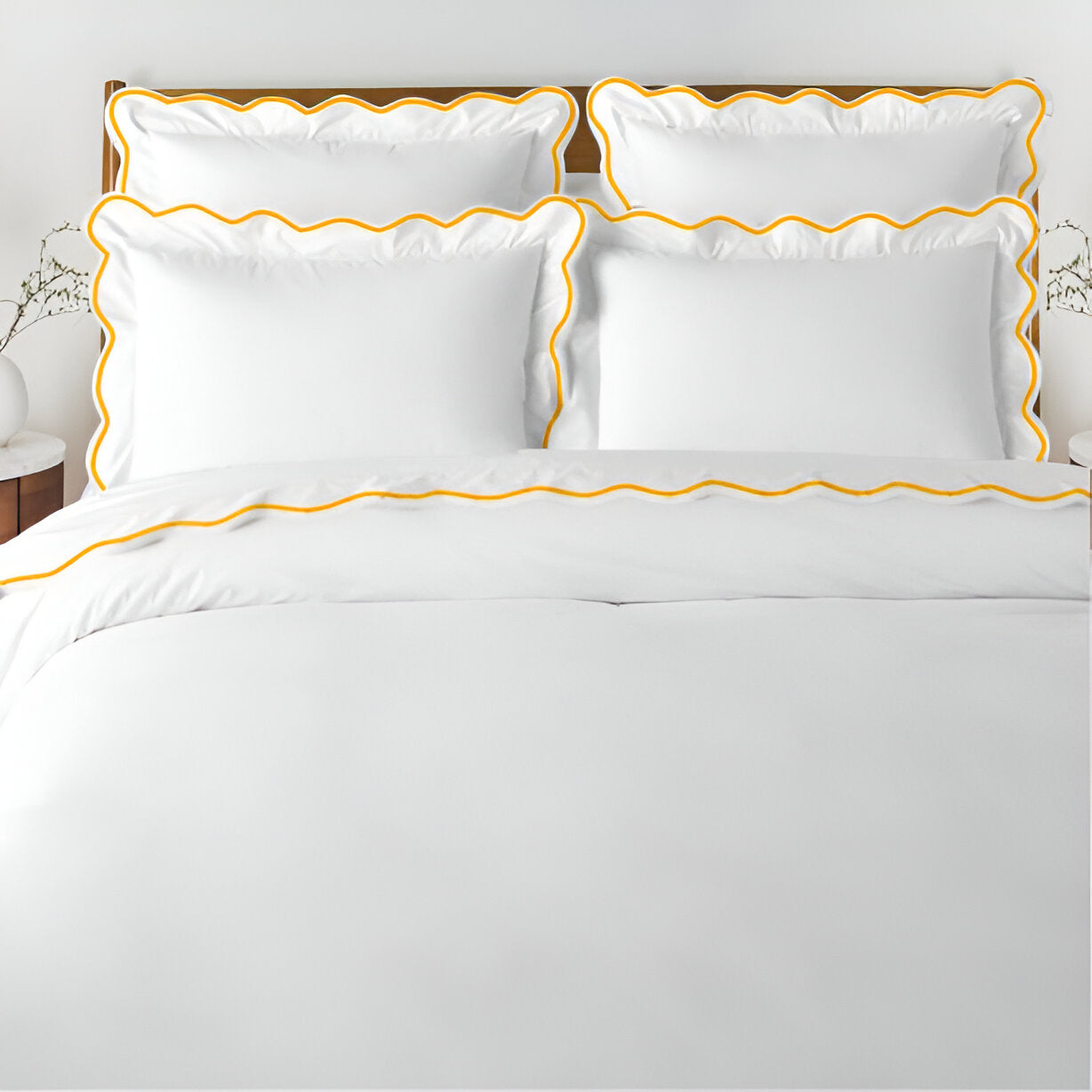 400TC Cotton Scallop Embroidery Sateen Solid Duvet Cover Set