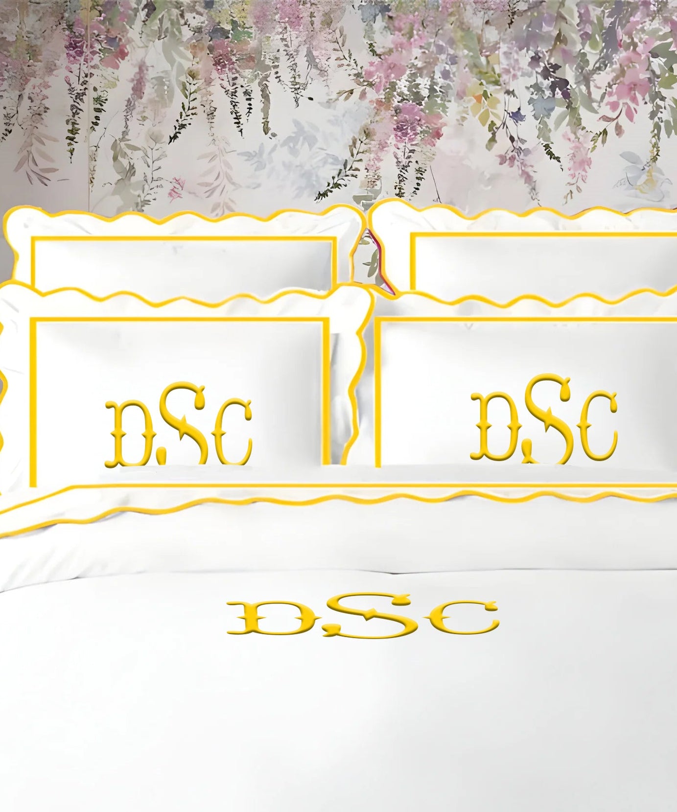 Monogram 400TC Cotton Scallop Embroidery & Border Sateen Solid Duvet Cover Set