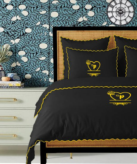 Monogram Black 400TC Cotton Small Scallop Embroidery Duvet Cover Set