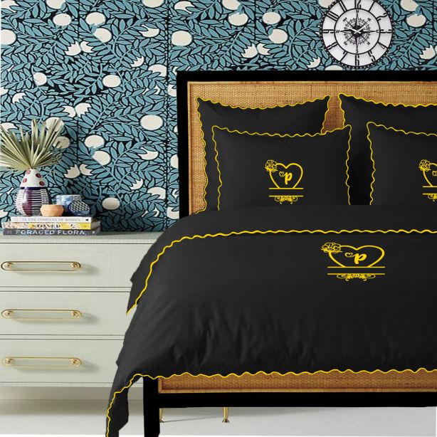 Monogram Black 400TC Cotton Small Scallop Embroidery Duvet Cover Set