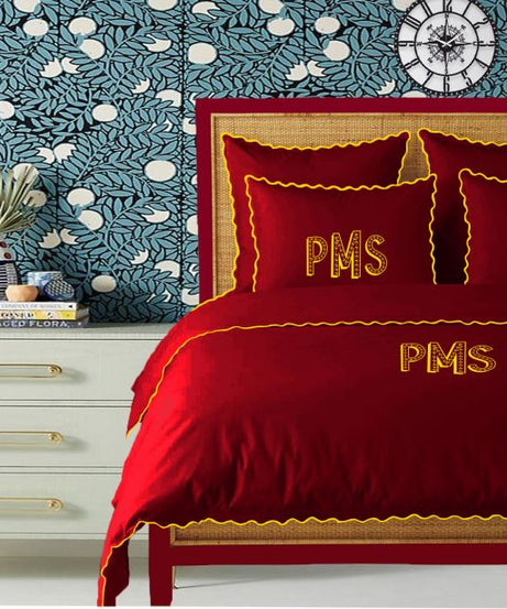 Monogram Burgundy 400TC Cotton Small Scallop Embroidery Duvet Cover Set