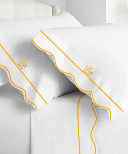 Monogram 400TC Cotton Scallop Embroidery & Border Sateen Solid Sheet Set