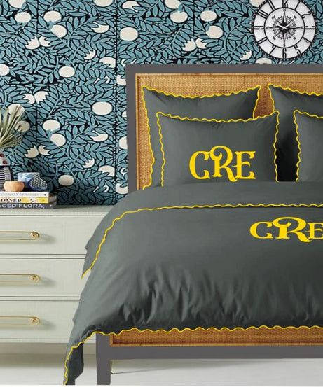Monogram Dark Grey 400TC Cotton Small Scallop Embroidery Duvet Cover Set