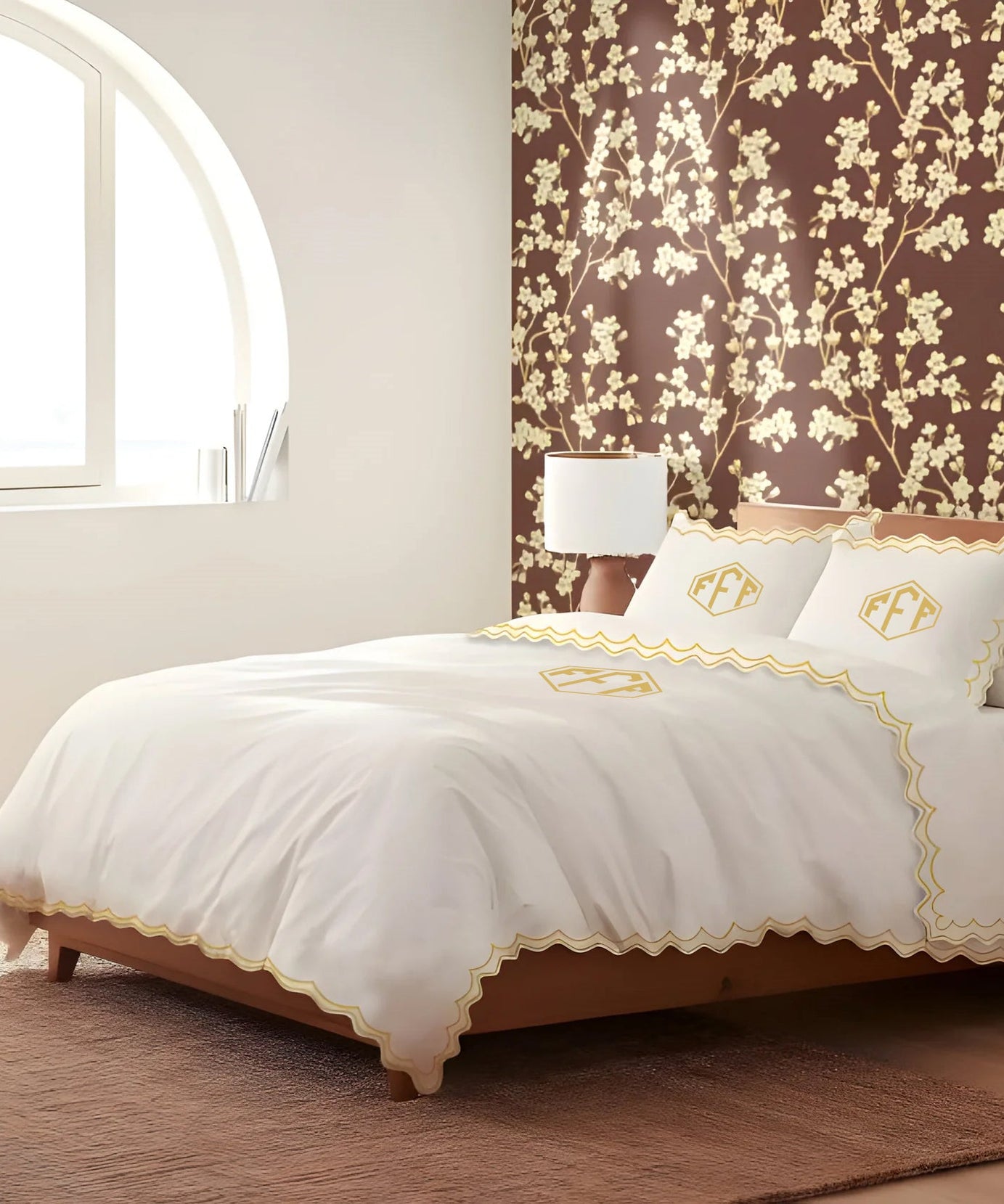 Monogram 400TC Cotton Sateen Double Scallop Embroidery Duvet Cover Set