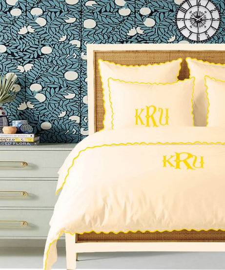 Monogram Ivory 400TC Cotton Small Scallop Embroidery Duvet Cover Set