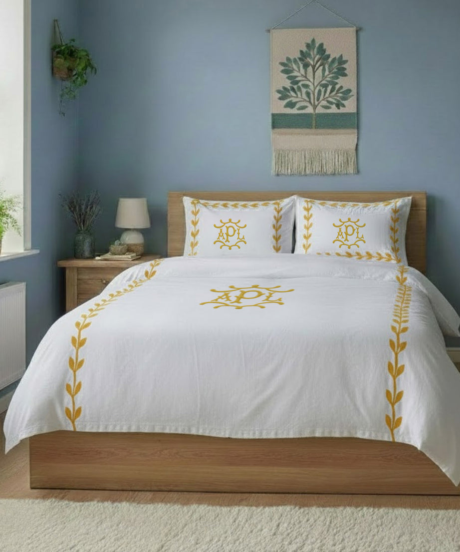 Monogram Layered Leaf Applique Cotton Duvet Cover Set