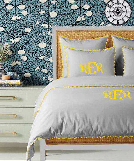 Monogram Light Grey 400TC Cotton Small Scallop Embroidery Duvet Cover Set