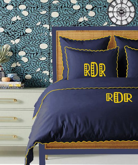Monogram Navy 400TC Cotton Small Scallop Embroidery Duvet Cover Set