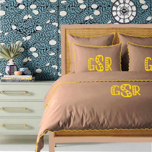 Monogram Taupe 400TC Cotton Small Scallop Embroidery Duvet Cover Set