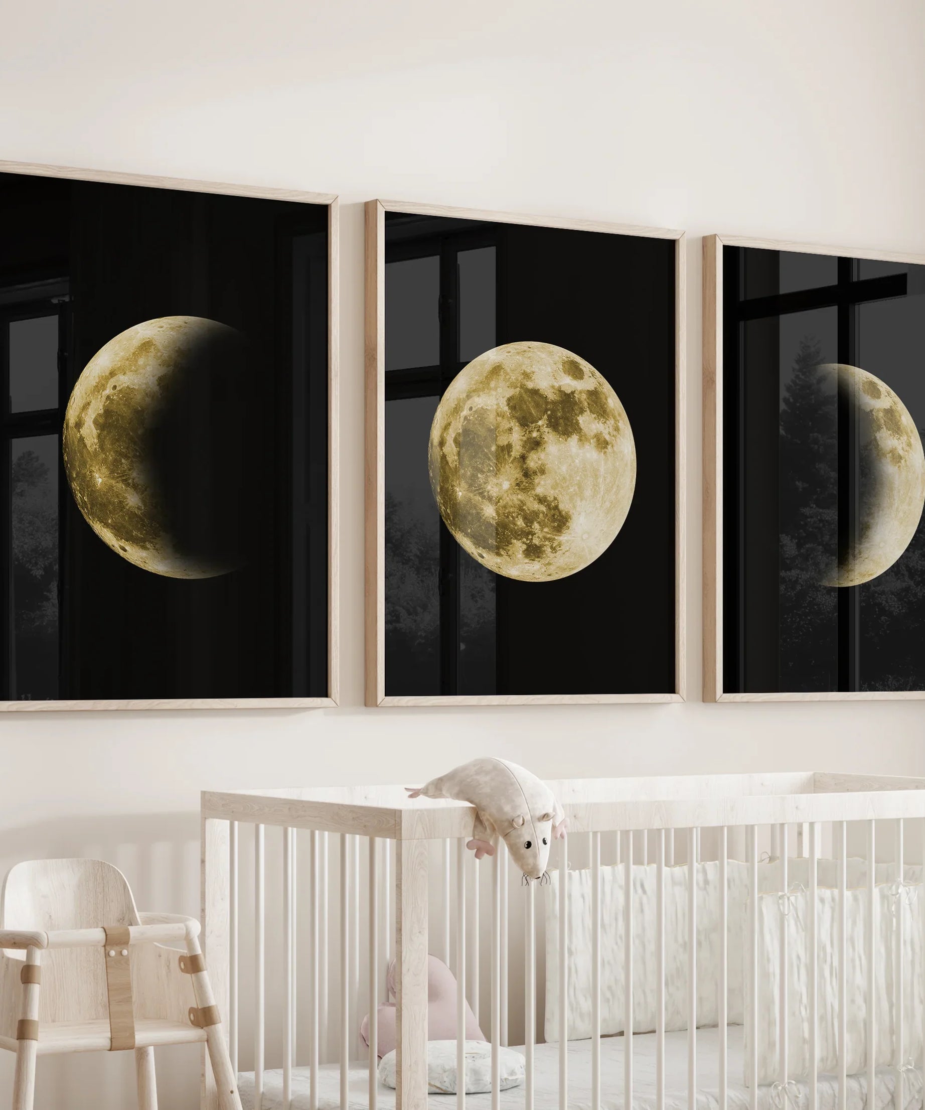 Celestial Moon 3 Piece Wall Decor. Gold Full Moon, Phases