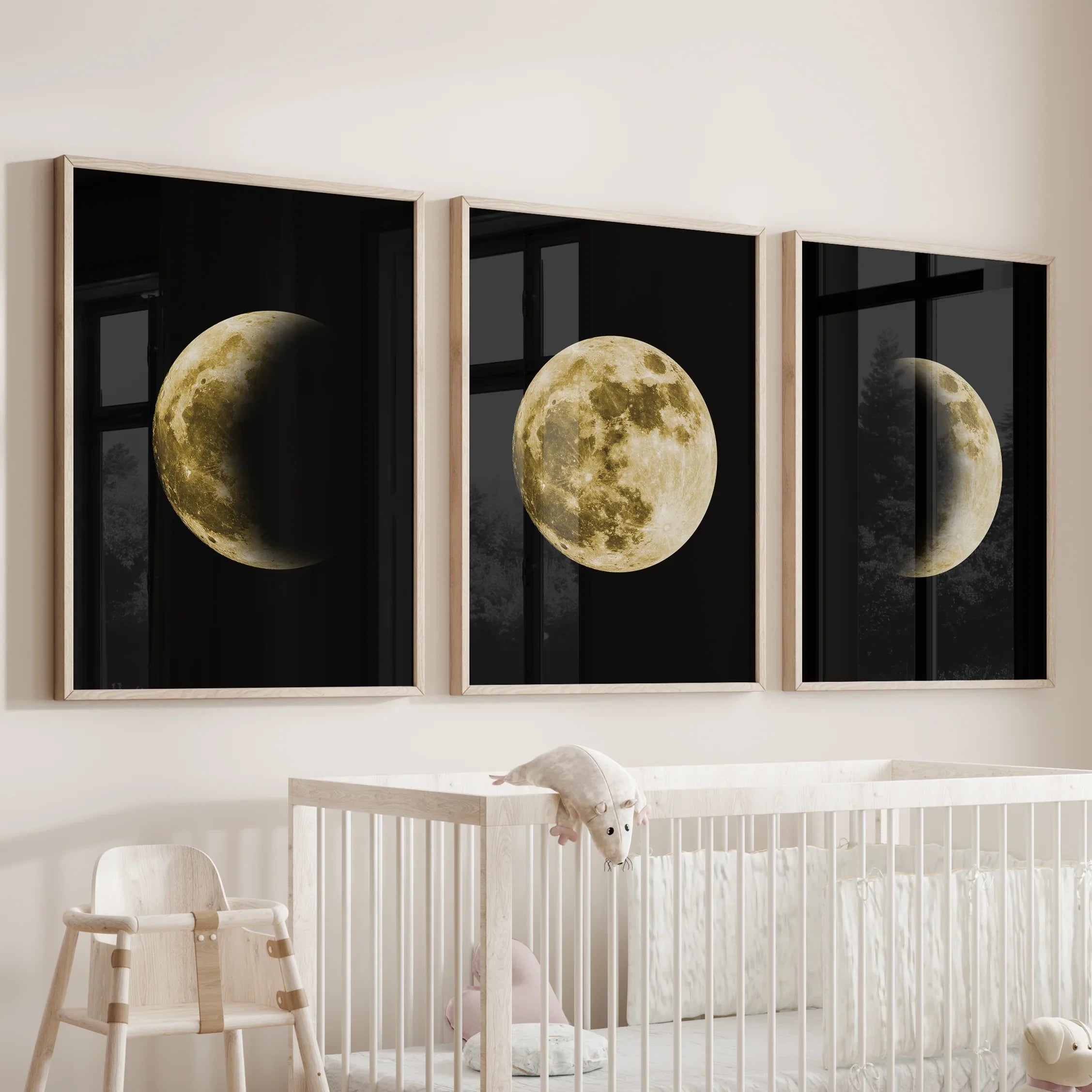 Celestial Moon 3 Piece Wall Decor. Gold Full Moon, Phases