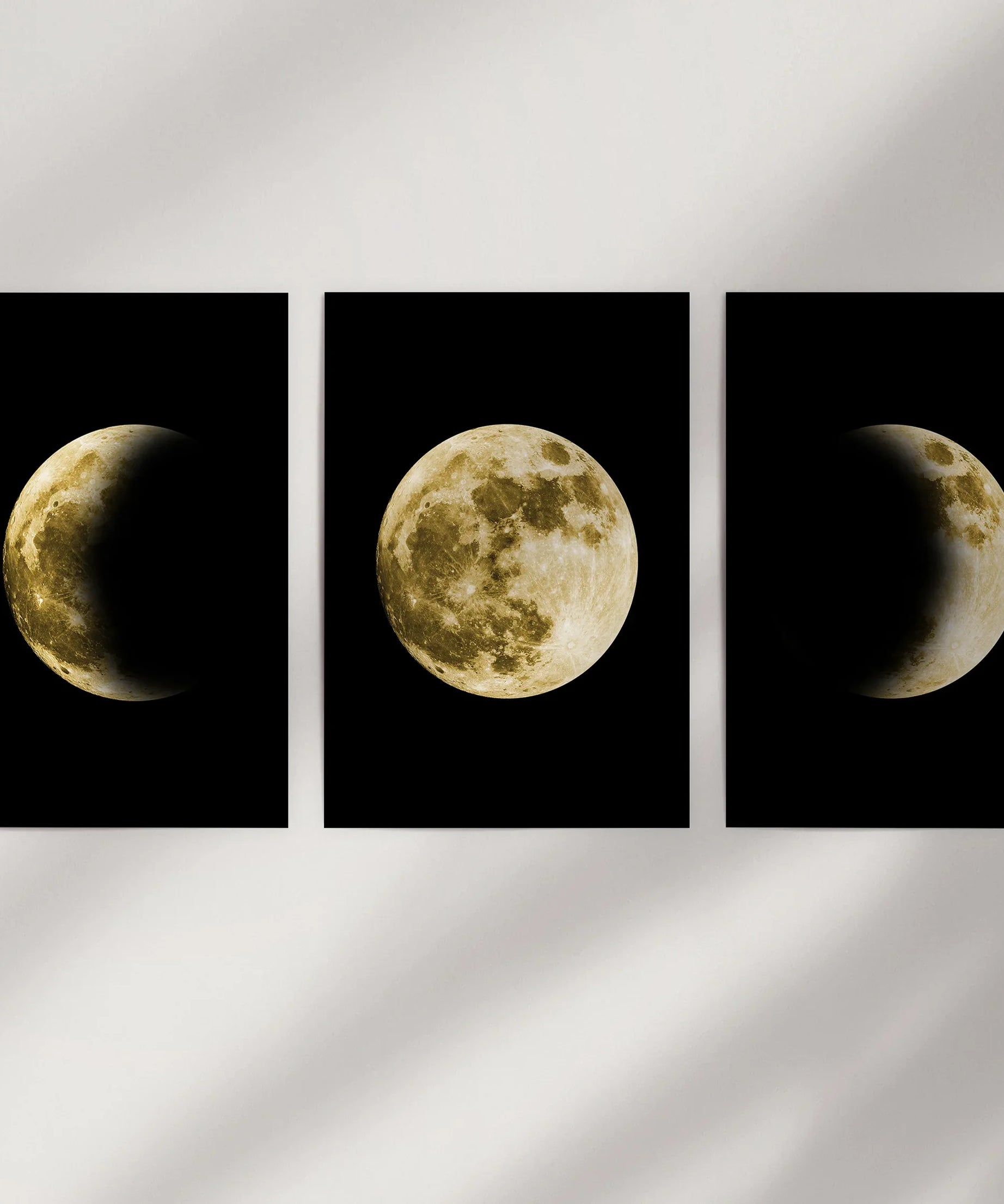 Celestial Moon 3 Piece Wall Decor. Gold Full Moon, Phases