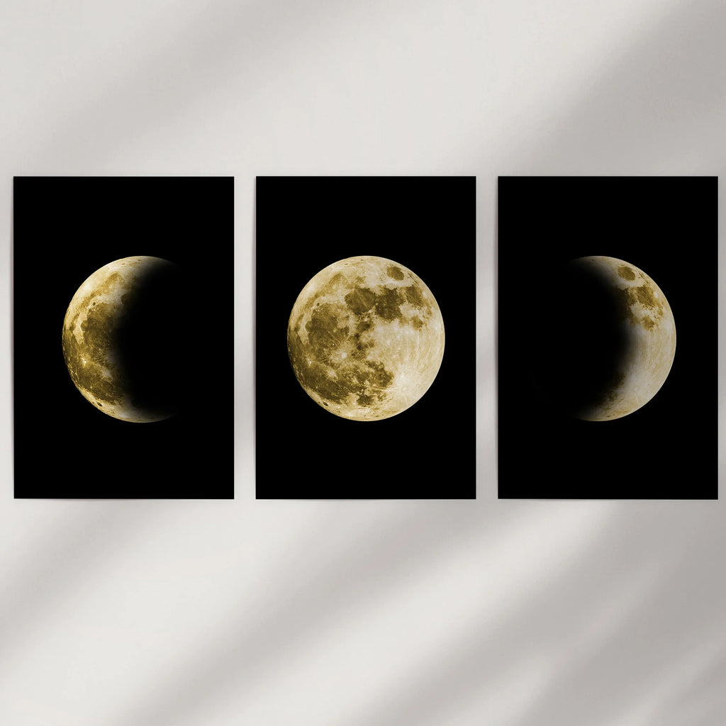 Celestial Moon 3 Piece Wall Decor. Gold Full Moon, Phases