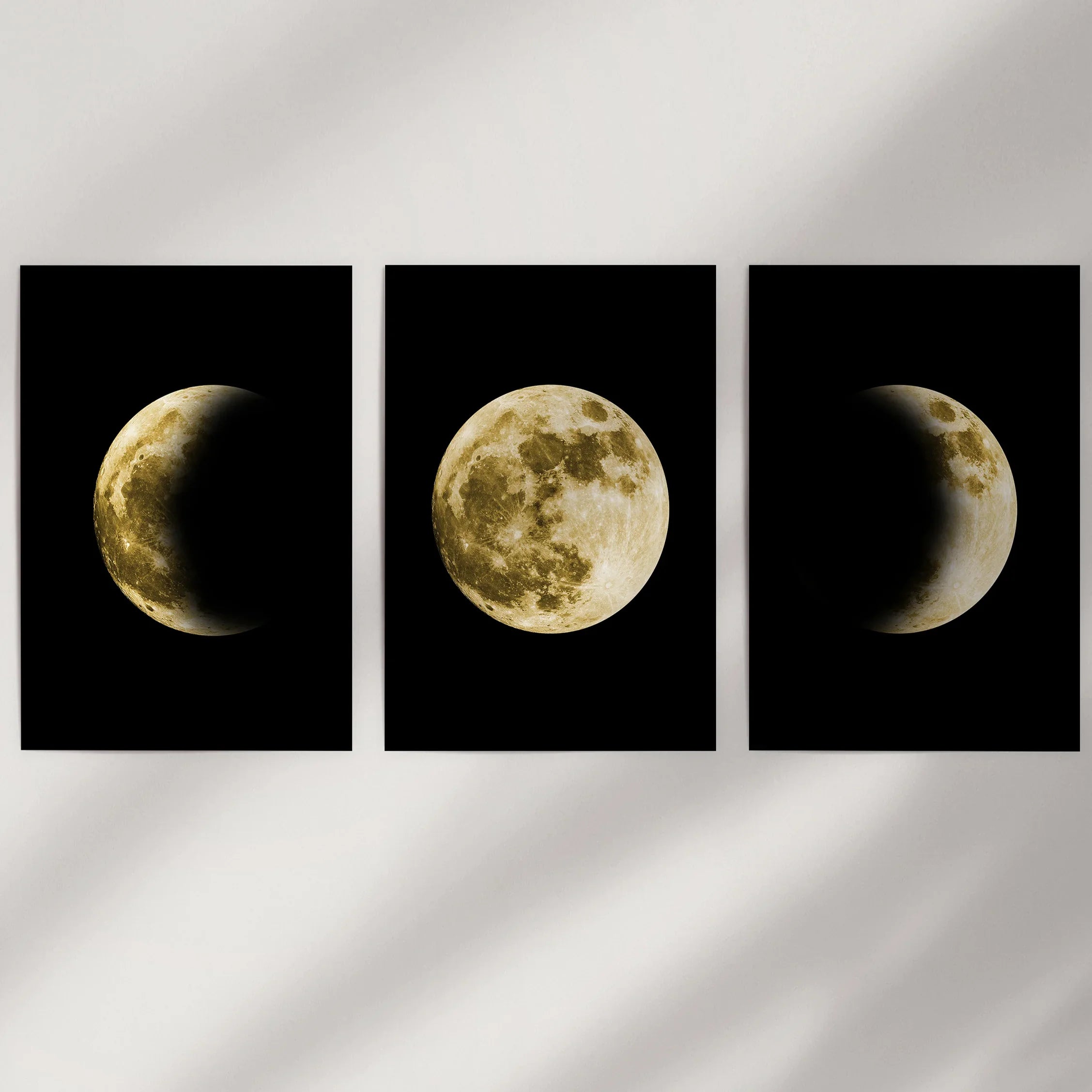 Celestial Moon 3 Piece Wall Decor. Gold Full Moon, Phases