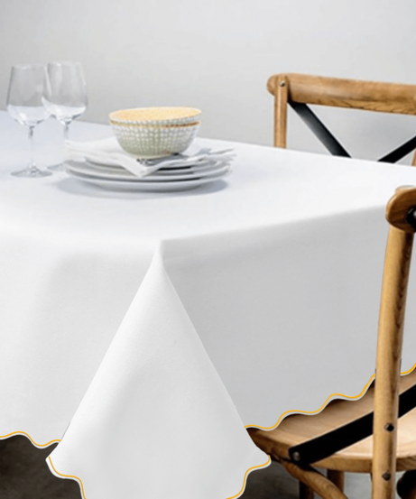 Scallop Embroidery Sateen Poly Cotton Solid Table Cloth