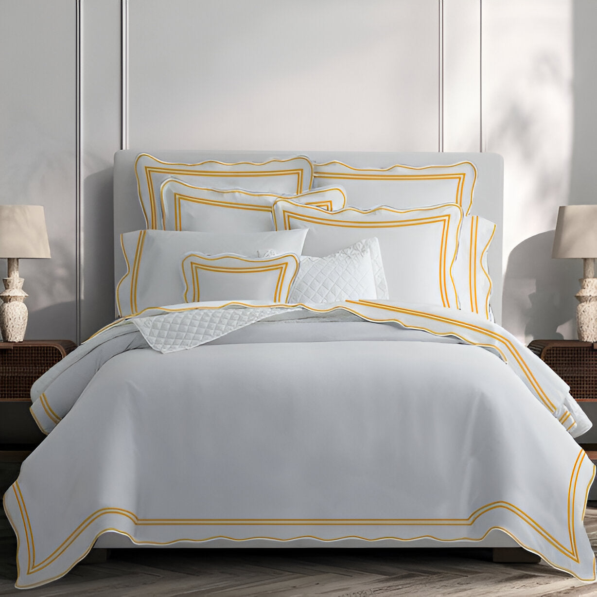 400TC Wavy Embroidery & Border Cotton Sateen Solid Duvet Cover Set