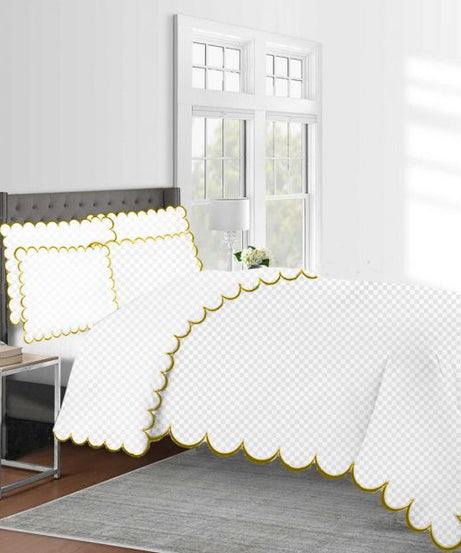 Allena 400TC Cotton Scallop Embroidery Sateen Microcheck Duvet Cover Set