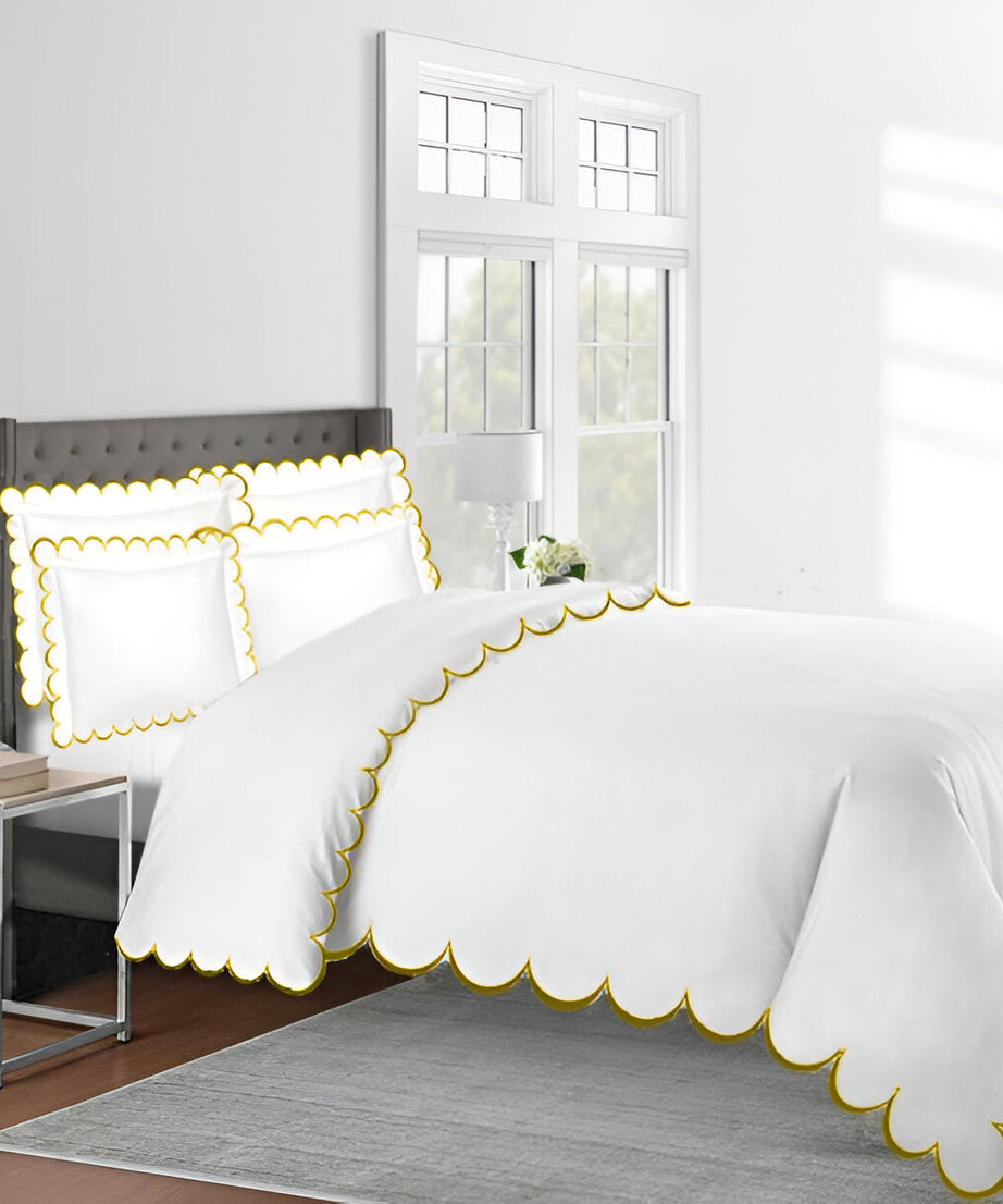 Allena 400TC Cotton Scallop Embroidery Sateen Solid Duvet Cover Set