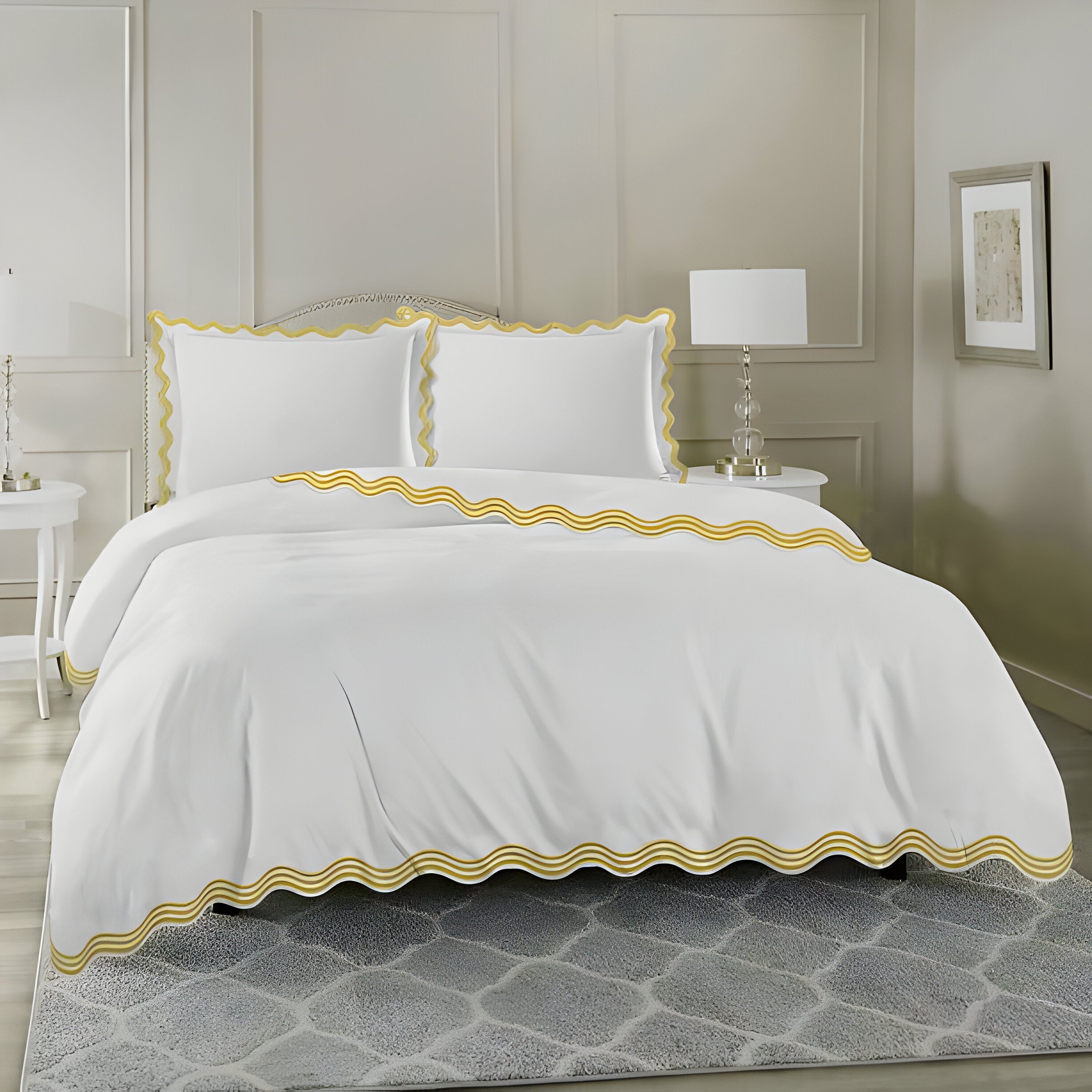 400TC Cotton Sateen Triple Scallop Embroidery Duvet Cover Set
