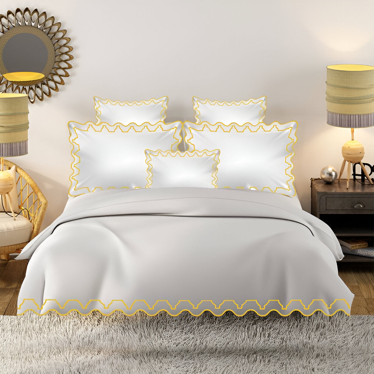 Imaginary Scallop 400TC Cotton Embroidery Sateen Solid Duvet Cover Set