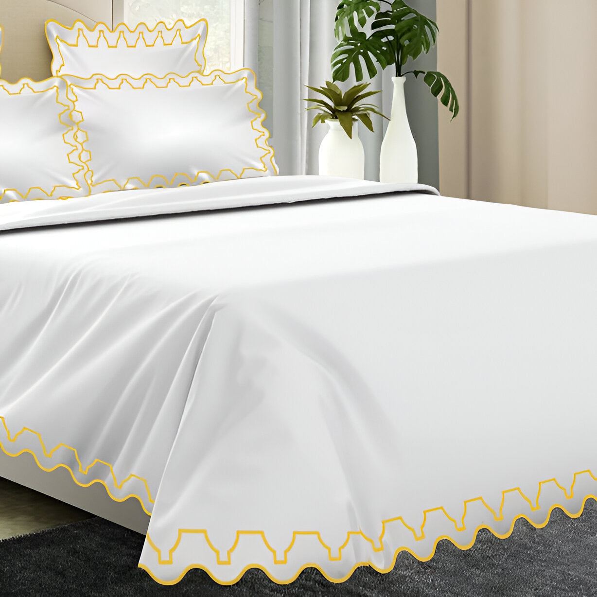 Imaginary Scallop 400TC Cotton Embroidery Sateen Solid Duvet Cover Set