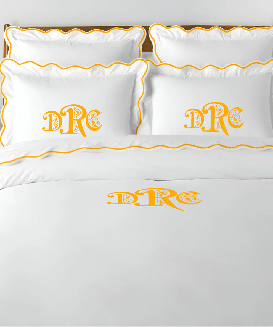 Monogram 400TC Cotton Scallop Embroidery Sateen Solid Duvet Cover Set