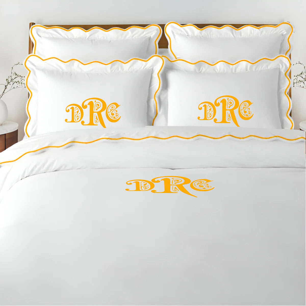 Monogram 400TC Cotton Scallop Embroidery Sateen Solid Duvet Cover Set