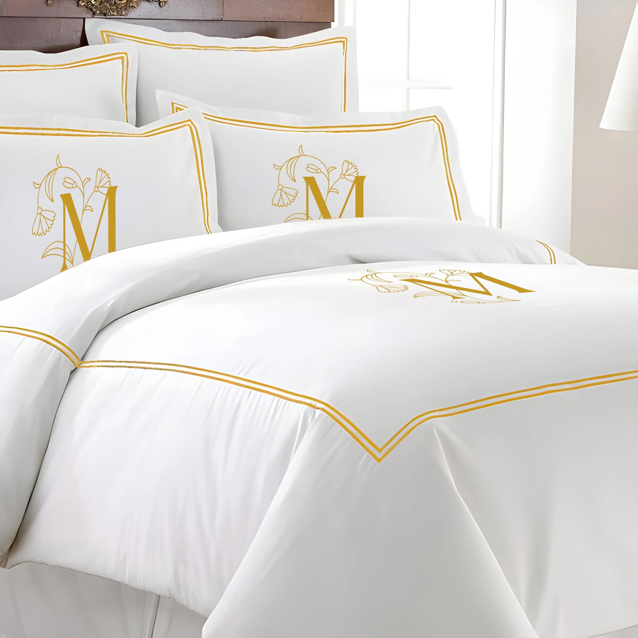 Monogram 400TC Cotton Double Embroidery Sateen Solid Duvet Cover Set