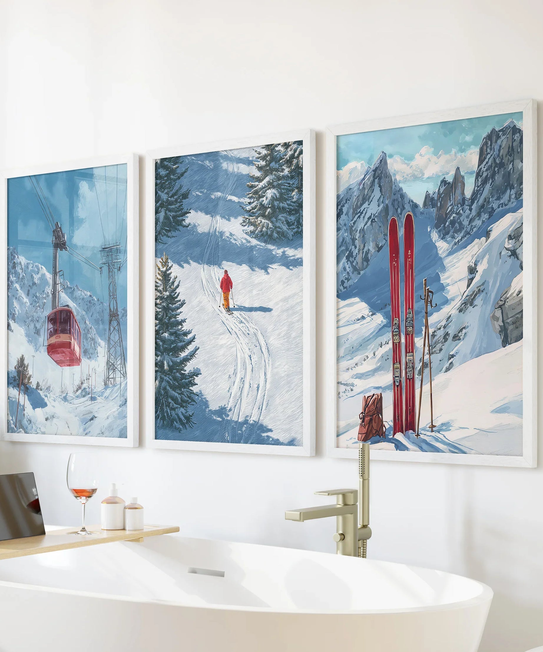 Snowy Mountain Wall Art Set: Skier, Red Skis, Snowy Trees