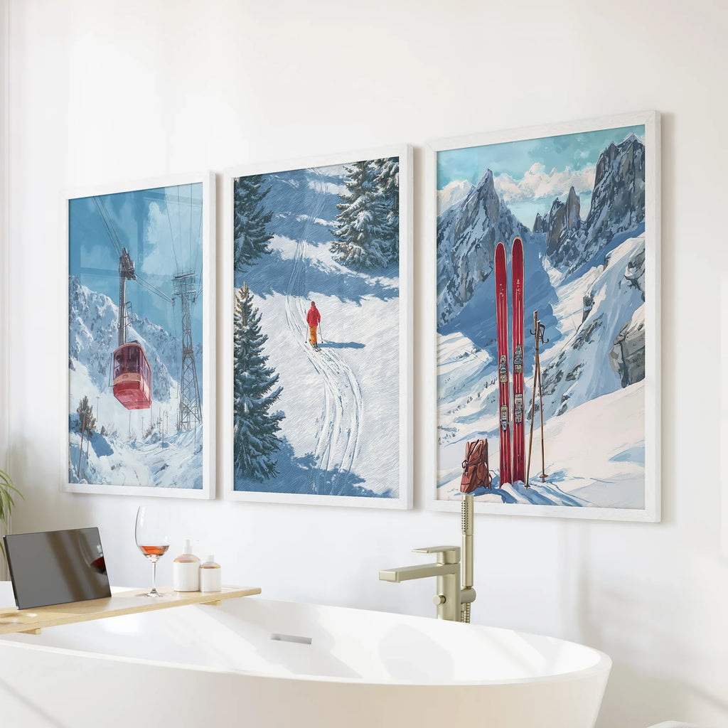 Snowy Mountain Wall Art Set: Skier, Red Skis, Snowy Trees