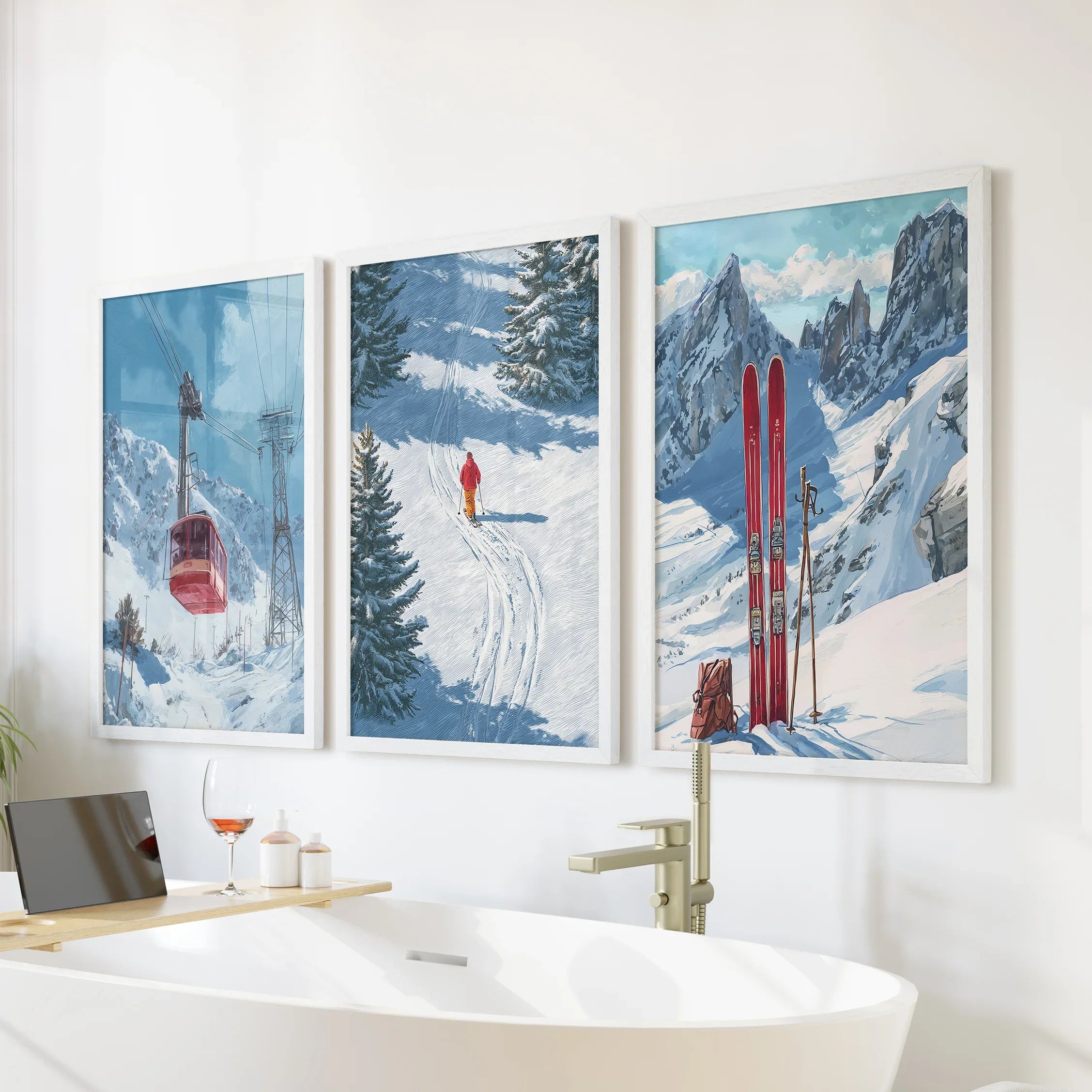 Snowy Mountain Wall Art Set: Skier, Red Skis, Snowy Trees