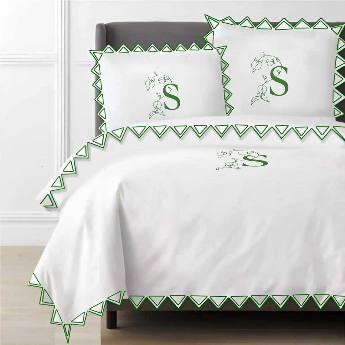 Monogram Ashley 400TC Cotton Traingle Embroidery Sateen Solid Duvet Cover Set